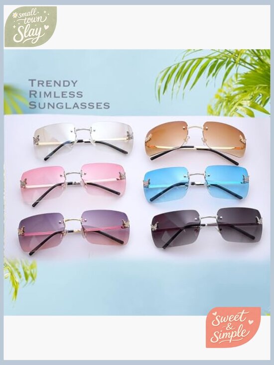 Rimless Rectangle Y2K Sunglasses Frameless Tinted Lens Butterfly main image 6